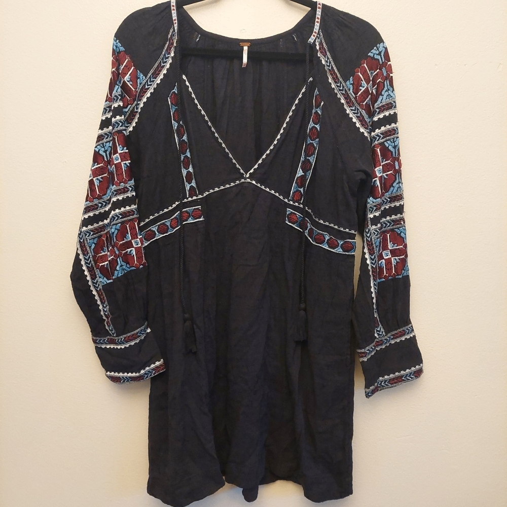 Free People Boho All My Life Navy Burgundy Embrorded Mini Dress. XS - Picture 3 of 15